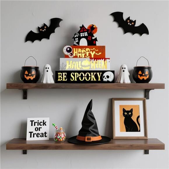 Halloween Decorations Indoor 9.4" 4-Tier Wooden Block Set with Glowing 3D - Picture 4 of 8